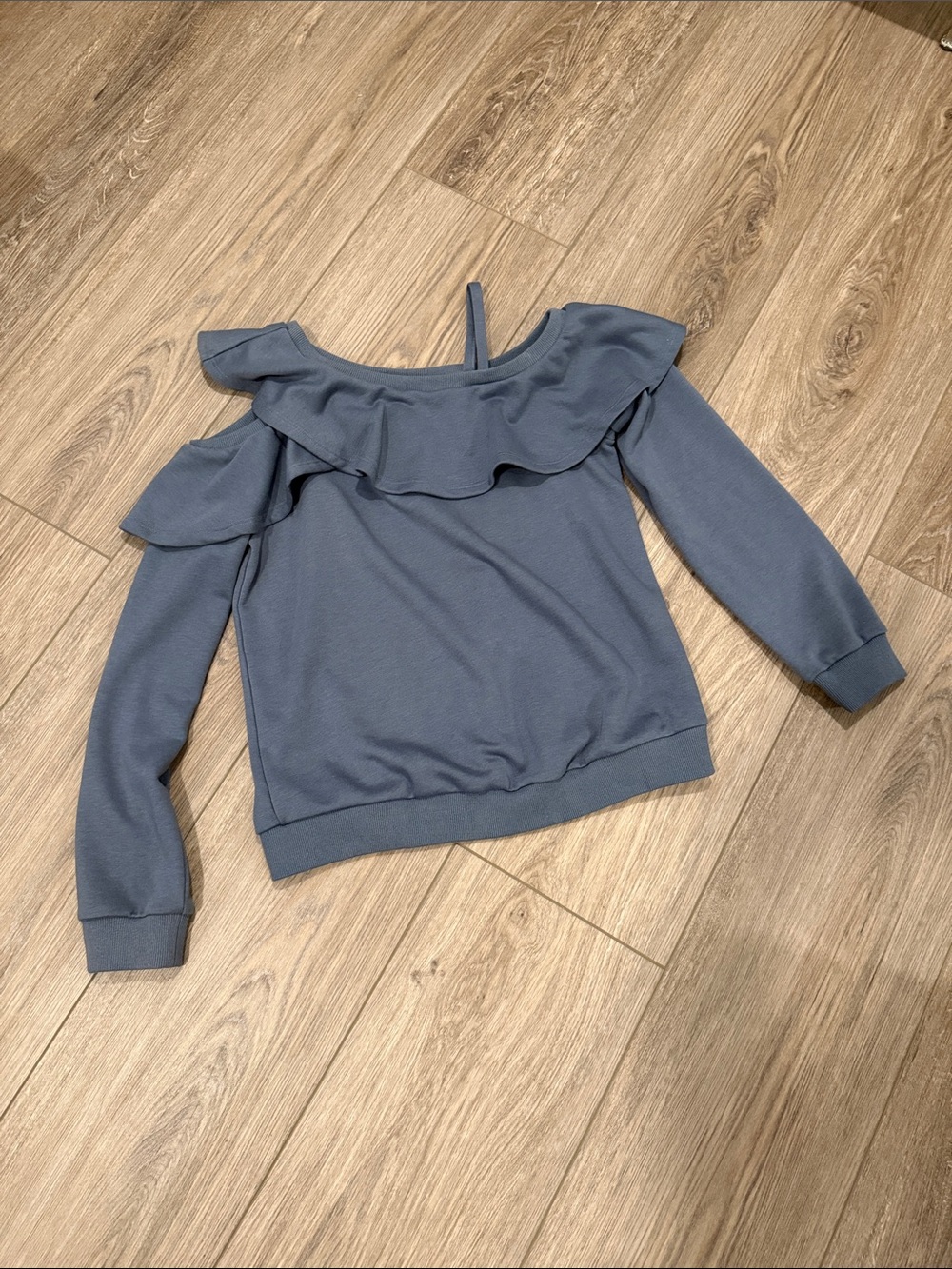 Allison Joy Dusty Blue Off-Shoulder Ruffle Sweater
